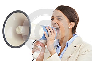 Megaphone, white background and business woman shout for news, announcement and information. Professional, communication