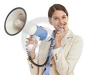 Megaphone, white background and portrait of professional woman for news, announcement and information. Business