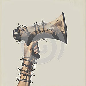 megaphone wound with barbed wire, generative AI