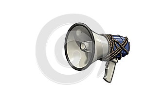 A megaphone wrapped in a rope, symbolizing the suppression of the voice. Space for text.