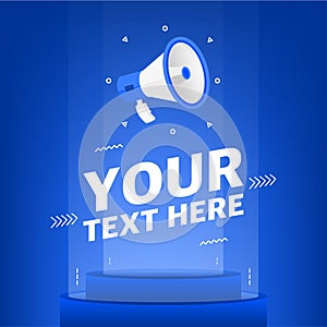 Megaphone with your text here text in the air. Banner for business, marketing and advertising on blue background. Vector