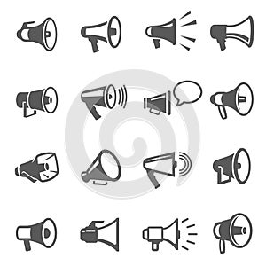 Megaphones, speakers line and bold black icons set. Loudspeakers, bullhorns pictograms.