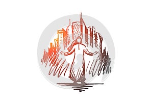 Megapolis, big city, businessman, islam, muslim concept. Hand drawn isolated vector.