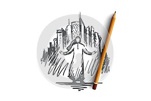 Megapolis, big city, businessman, islam, muslim concept. Hand drawn isolated vector.