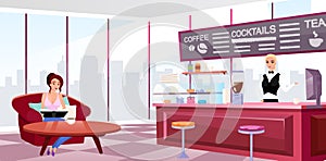 Megapolis coffeehouse interior flat vector illustration