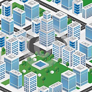 Megapolis 3d isometric three-dimensional view of the city. Collection of houses, skyscrapers, buildings, built and supermarkets