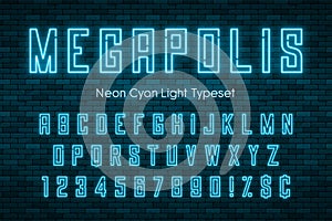 Megapolis neon light alphabet, realistic extra glowing font