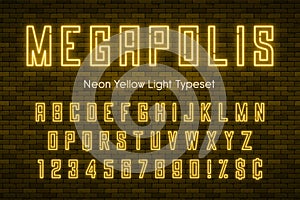 Megapolis neon light alphabet, realistic extra glowing font