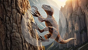 Megaraptor Skillfully Climbing a Steep Cliff, Displaying Agility and Sharp Claws Against a Rugged Backdrop photo