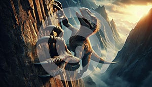 Megaraptor Skillfully Climbing a Steep Cliff, Displaying Agility and Sharp Claws Against a Rugged Backdrop photo