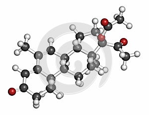 Megestrol acetate appetite stimulant drug molecule. Also used as cancer drug in in combination contraceptives. Atoms are.