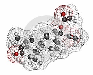 Megestrol acetate appetite stimulant drug molecule. Also used as cancer drug in in combination contraceptives. Atoms are.