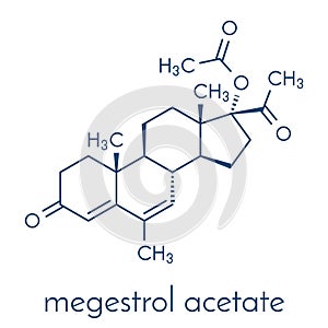 Megestrol acetate appetite stimulant drug molecule. Also used as cancer drug in in combination contraceptives. Skeletal formula.