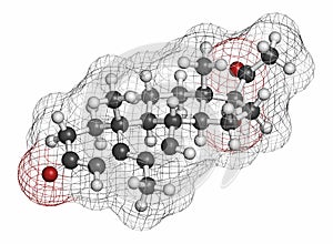 Megestrol molecule. Megestrol acetate, the ester of megestrol is used as an appetite stimulant and cancer drug. Atoms are