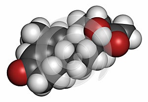 Megestrol molecule. Megestrol acetate, the ester of megestrol is used as an appetite stimulant and cancer drug. Atoms are