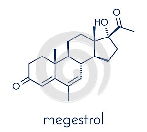 Megestrol molecule. Megestrol acetate, the ester of megestrol is used as an appetite stimulant and cancer drug. Skeletal formula.