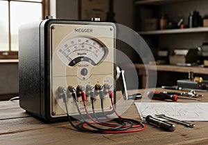 Megger insulation tester sits on a wooden workbench in a workshop. The device has a retro design