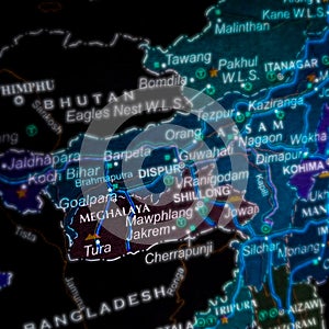 meghalaya state of India name presented on geographical location map on dark illustrations