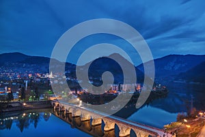 The Mehmed PaÅ¡a SokoloviÄ‡ Bridge, in ViÅ¡egrad, over the Drina River in eastern Bosnia and Herzegovina