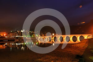 The Mehmed PaÅ¡a SokoloviÄ‡ Bridge, in ViÅ¡egrad, over the Drina River in eastern Bosnia and Herzegovina