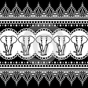 Mehndi henna border seamless pattern element with elephants and flower line lace in Indian style isolated on black background.