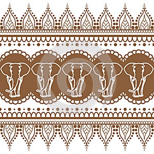 Mehndi henna brown border seamless pattern element with elephants and flower line lace in Indian style isolated