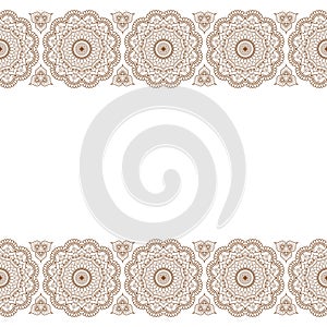 Mehndi Henna Brown Indian line lace floral elements pattern card and tattoo on white background