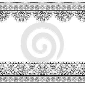 Mehndi line lace borders with circles pattern in Indian style for card or tattoo on white background