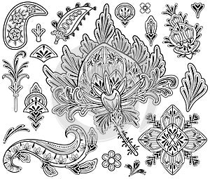 Mehndi set of Henna flower hand drawn tatoo elements. Floral paisley decorations in oriental, Indian, folk or ethnic style. Buta