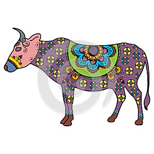 Mehndi tattoo doodle cow colored in Indian style