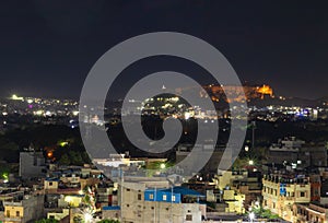 mehrangarh fort with city night landscape view with lights at night