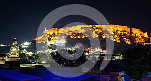 Mehrangarh Fort Jodhpur Rajasthan with cityscape in night illumination.