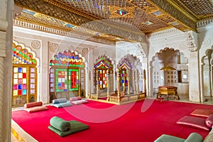 Mehrangarh Fort royal palace room with ancient architecture and stone carvings at Jodhpur. Rajasthan, India