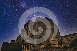 Mehrangarh fort under the starlight with the two checkpoints