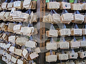 Meiji Shrine`s Votive Tablets ema. Small wooden tablets used by worshippers to write down their prayers or wishes.