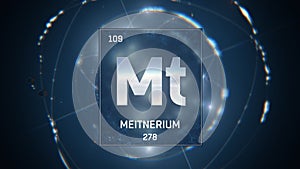 Meitnerium as Element 109 of the Periodic Table 3D illustration on blue background photo