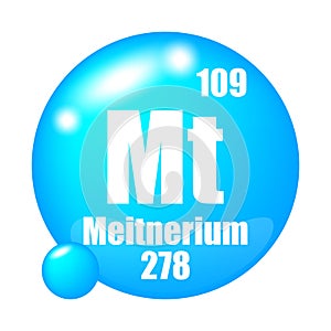 Meitnerium icon. Mt chemical element. Atomic number 109. Mass 278. Blue sphere image. Vector symbol. photo
