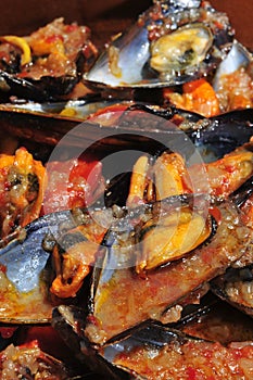 Mejillones a la marinera, spanish mussels in marinara sauce photo