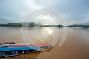 The Mekong River local boats at Kaeng Khut Khu, Chiang Khan, Loei Province photo