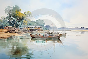 Mekong river port: a serene watercolor masterpiece
