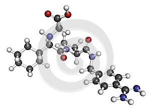 Melagatran anticoagulant drug molecule (direct thrombin inhibitor). 3D rendering. Atoms are represented as spheres with