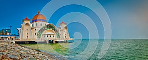 The Melaka Straits Mosque on water. Panorama