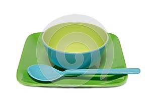 Melamine blue bowl and green dish on white