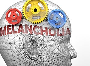 Melancholia and human mind - pictured as word Melancholia inside a head to symbolize relation between Melancholia and the human