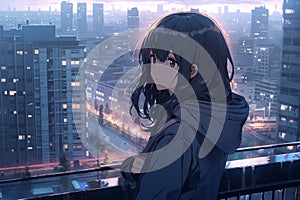 A Melancholic Anime Girl Contemplates The Urban Skyline In A Manga-Inspired Lo-Fi Render