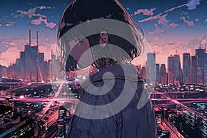 A Melancholic Anime Girl Gazes At The Urban Skyline, Drendered In Mangainspired Lofi