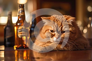 Melancholic anthropomorphic ginger cat at a bar counter in front of beer bottles, symbolizing the burden of modern life. Photo