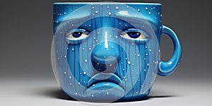melancholic blue mug with sad face, on a blue background, blue monday, copy space, banner
