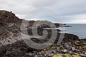 Melancholic Iceland landscape with black volcanic.