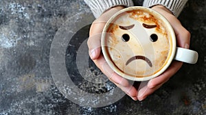 Melancholic morning concept hands holding coffee cup with sad face, evoking a sense of sadness.